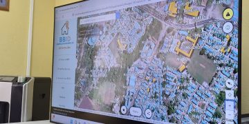 Image of Television displaying position of Buildings in Barbados, markers are used to identify buildings during emergencies.